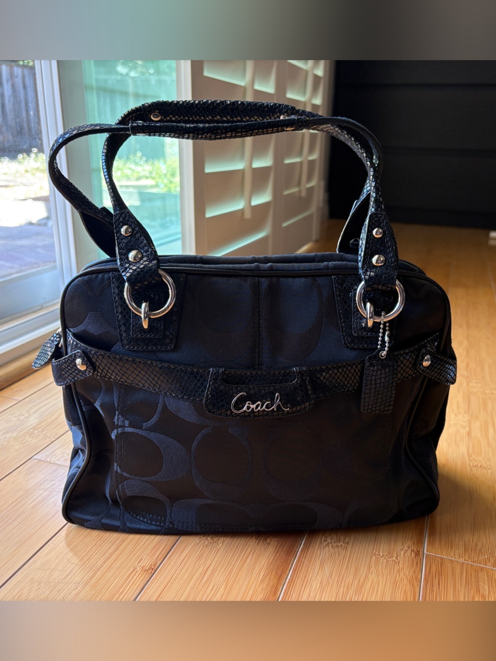 Vintage Coach Black Signature Shoulder Bag with Glossy Black Trim